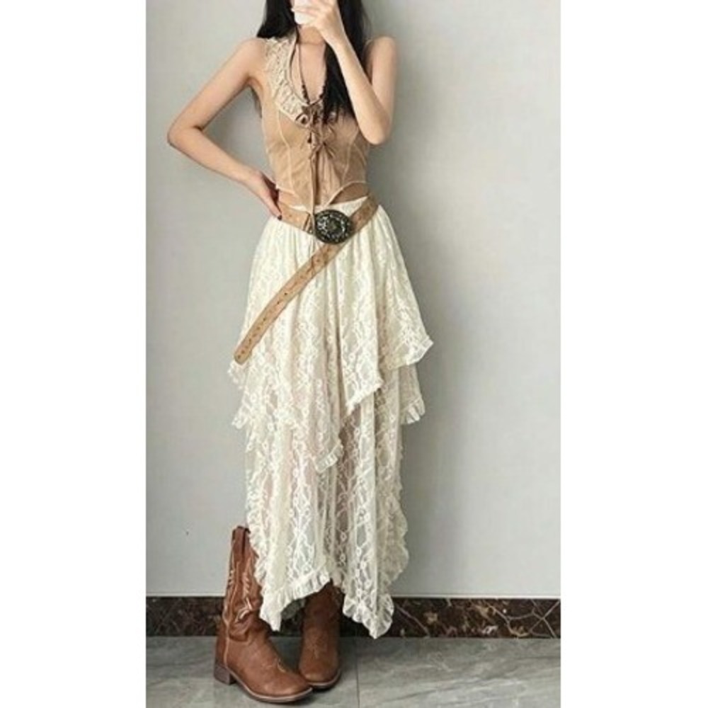 Women's Size Small Asymmetrical Hem Midi Skirt Cream White Lace Boho Pull On